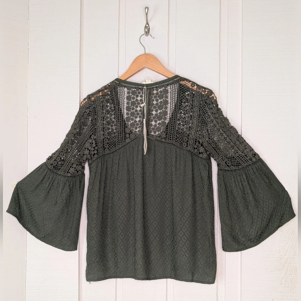 NWT LOVESTITCH Olive Green Sahara Mixed Lace Top Sz Small Rayon Flowy Boho Chic - Picture 5 of 17